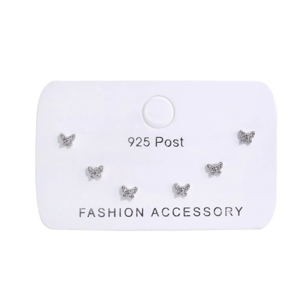 #NEW [3 PAIRS SET] 925 Sterling Silver Diamond Butterfly Earrings